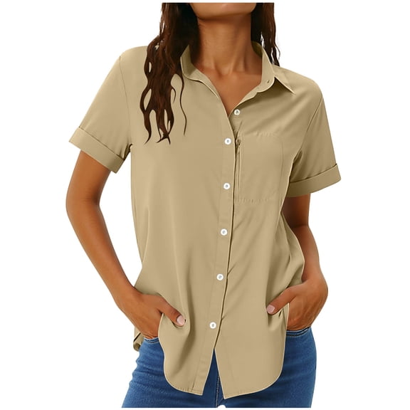 Tumotour Plus Size Summer Tops For Women'S Solid Color V-Neck Button Down Shirts Collar Going Out Tops Casual Rolled Short Sleeve Office Work Shirt