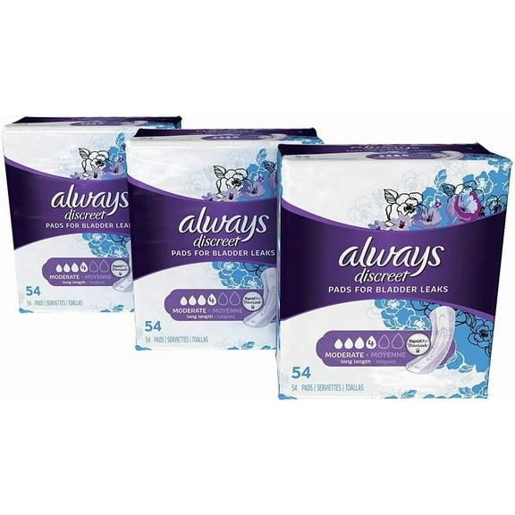 Always Discreet Incontinence & Postpartum Incontinence Pads for Women, 162 Count, Moderate Absorbency, Long Length (54 Count, Pack of 3 - 162 Count Total)
