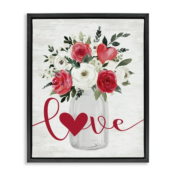 Stupell Industries Red Love Bouquet Botanical & Floral Painting Black Floater Framed Canvas Art Print Wall Art, 17 x 21