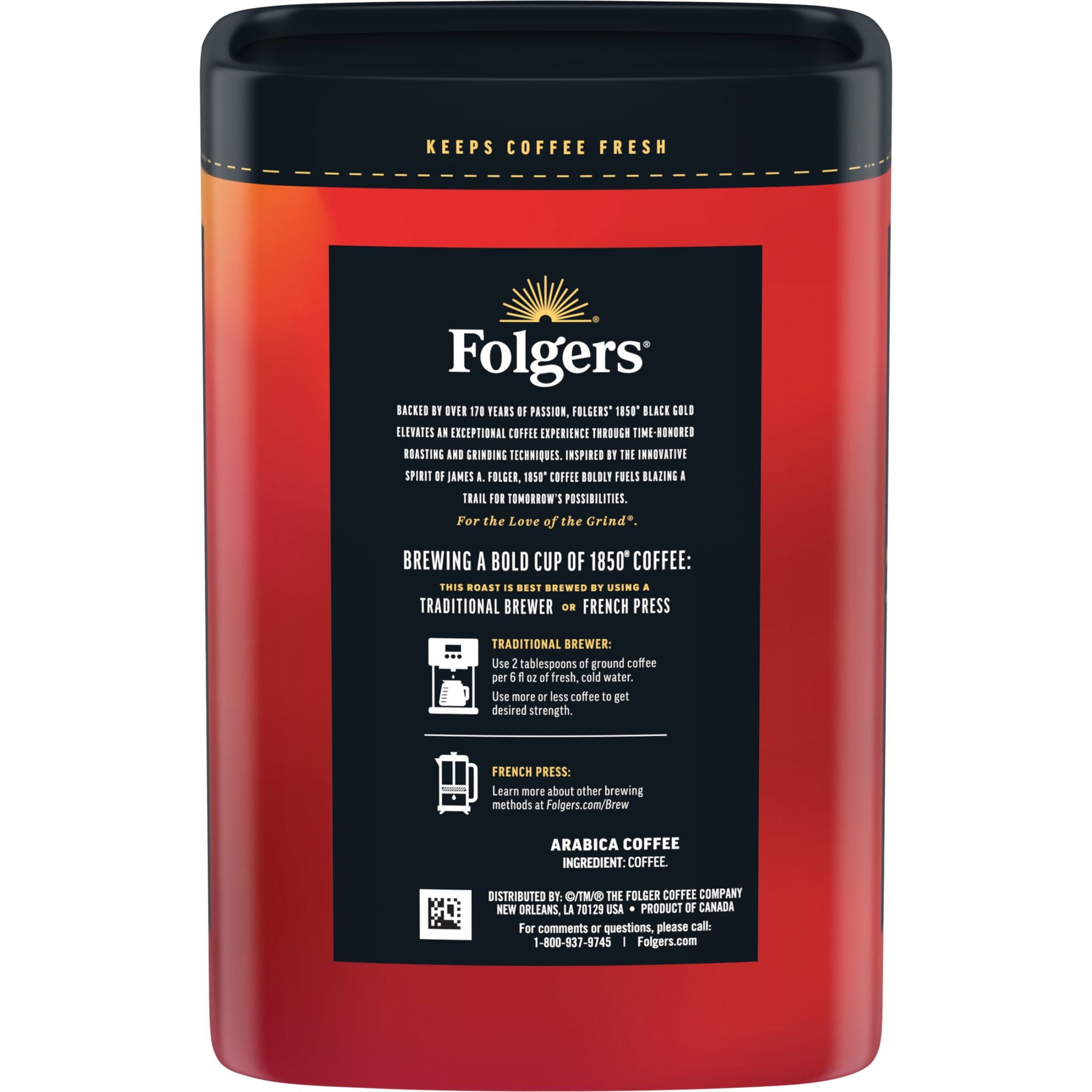 Folgers 1850 Black Gold Dark Roast Coffee, 12 oz Recyclable Canister