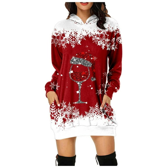 Telankuip Christmas Hoodies Dress for Women Long Sleeve Warm Comfy Red Print Long Sweatshirts Casual Light Merry Xmas Loose Soft Gradient Hooded Pullover Tops Red XL