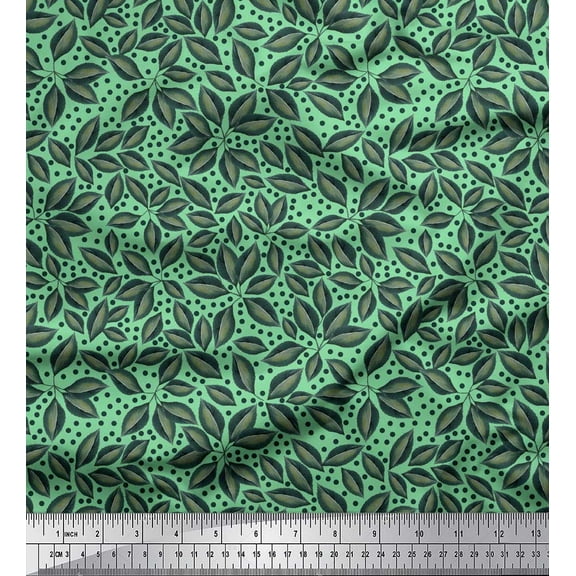 Soimoi Green Cotton Duck Fabric Dots & Beach Leaves Print Fabric by the Yard 44 Inch Wide
