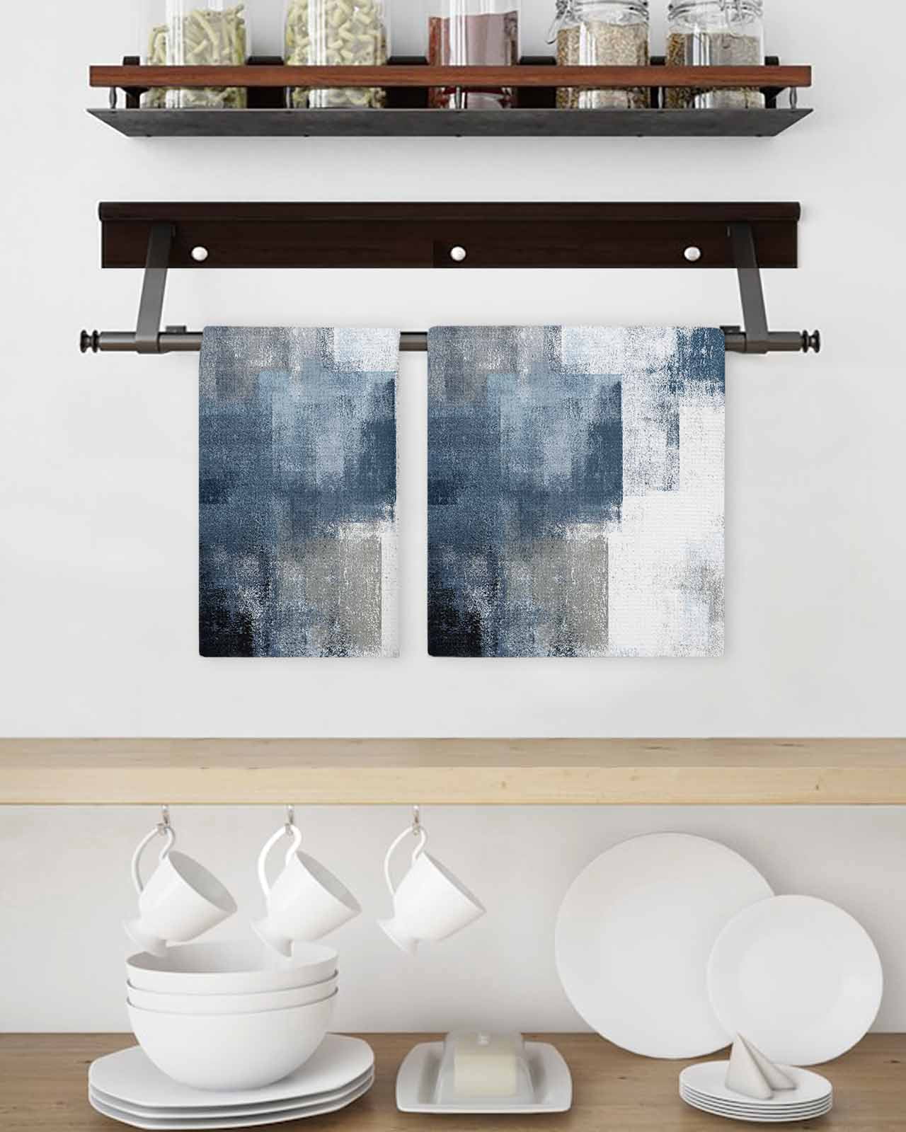 Blue Grey Kitchen Dish Towels for Drying Dishes Set of 3, Abstract Modern Painting Mottled White Art Waffle Weave Microfiber Terry Hand Tea Bathroom Towels Quick Dry & Absorbent Towel 15.7x23.6
