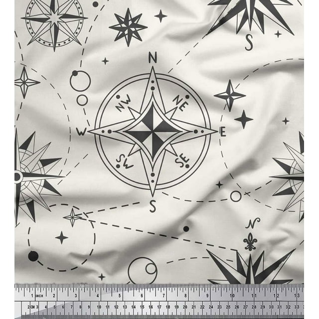 Soimoi White polyester Crepe Fabric Direction Compass Nautical Print Fabric by Yard 42 Inch Wide