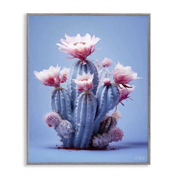 Stupell Industries Contemporary Pink & Blue Cactus Flowers Gray Framed Giclee Art, 24 x 30, by RB