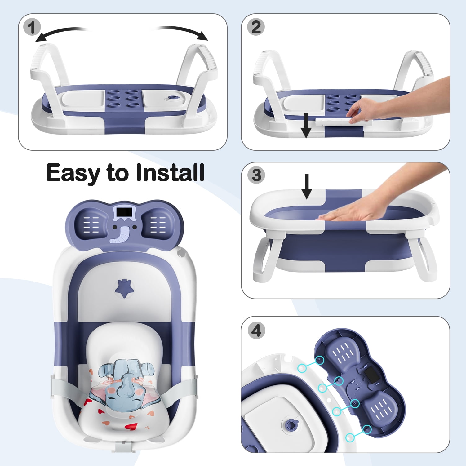 Aprpink Foldable Baby ‎Bathtub Elephant PP+TPE with Soft Cushion&Thermometer for 0-36 Months Toddler Blue