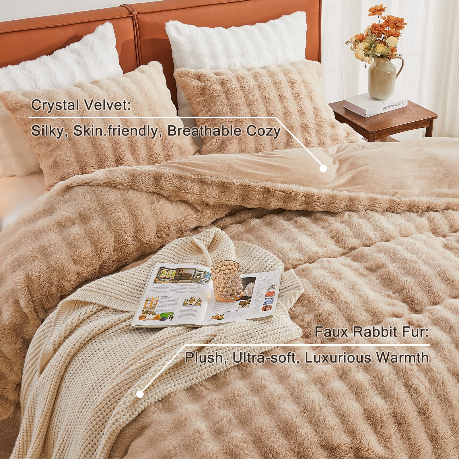 EMME Faux Fur Duvet Cover Queen Size, 3 Pieces Ultra Soft Fluffy Comforter Cover, Cozy Warm for Winter, Luxury Elegant Shaggy Bubble Bedding Sets , 1 Duvet Cover & 2 Pillow Shams (Queen, Camel)