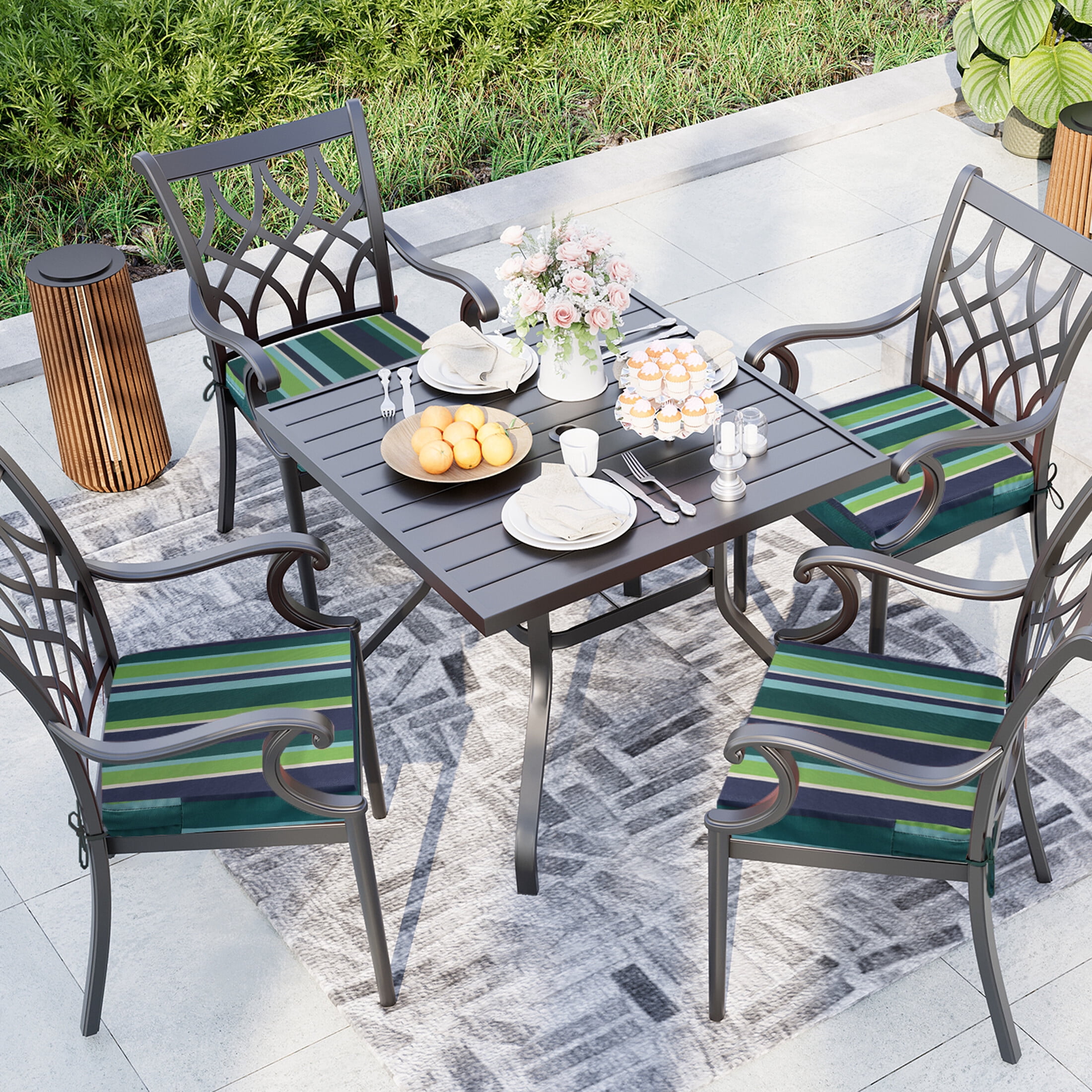 Outdoor Seat Cushion for Patio Furniture Dining Chair Pad Replacement, 18.5 x 16, Set of 2, Blue Green Stripes