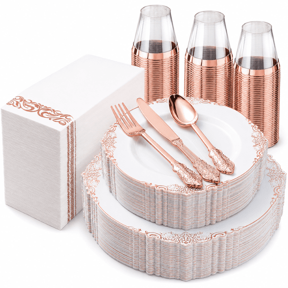 Bestluck 350-Piece Rose Gold Disposable Dinnerware Set for 50 Guests, Plastic Party Plates, Cups, Silverware, Napkins for Wedding, Celebrations