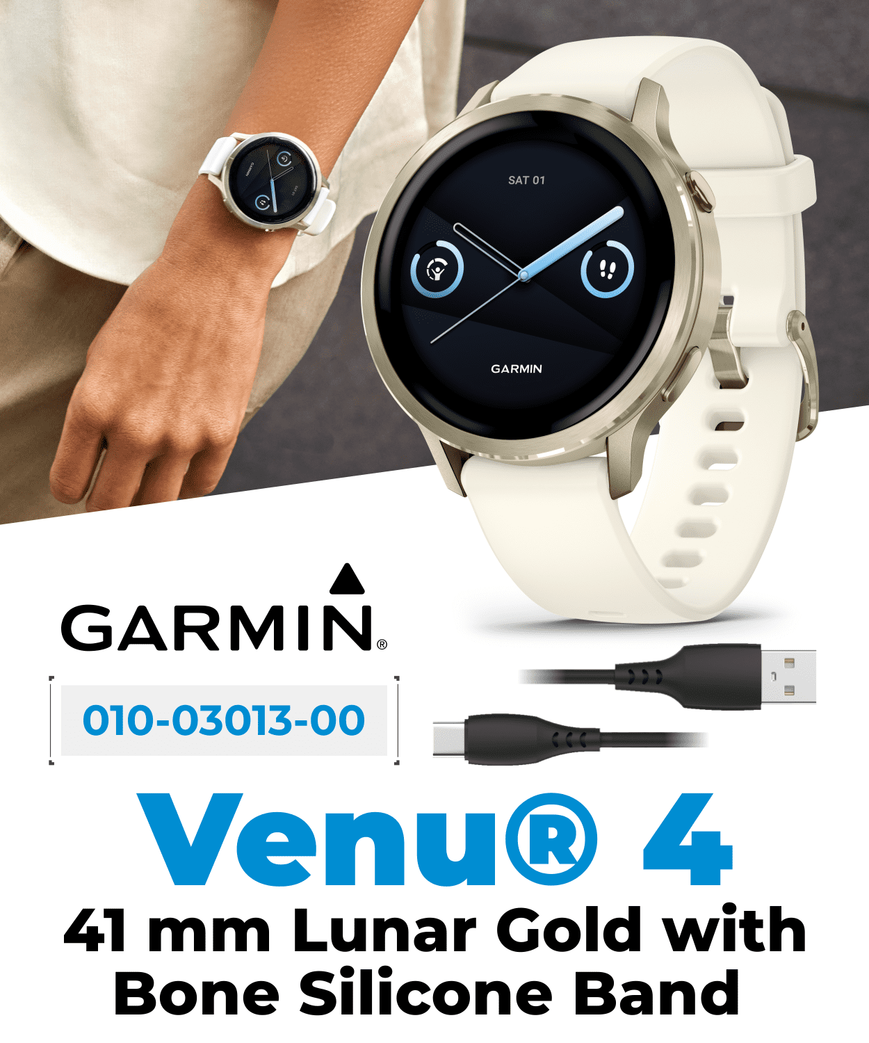 Garmin Venu 4 - 41mm AMOLED Advanced Health & Fitness GPS Smartwatch, Bright & Colorful Display, Flashlight, Up to 10 Days, Lunar Gold w/Bone Silicone Band w/Wearable4U White EarBuds Bundle