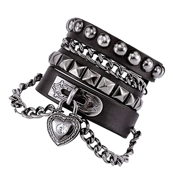NIGHTCRUZ Bracelet Chaîne en Cuir Punk, Bracelet Gothique en Cuir avec Cœur, Bracelet Rock and Roll pour Hommes Femmes