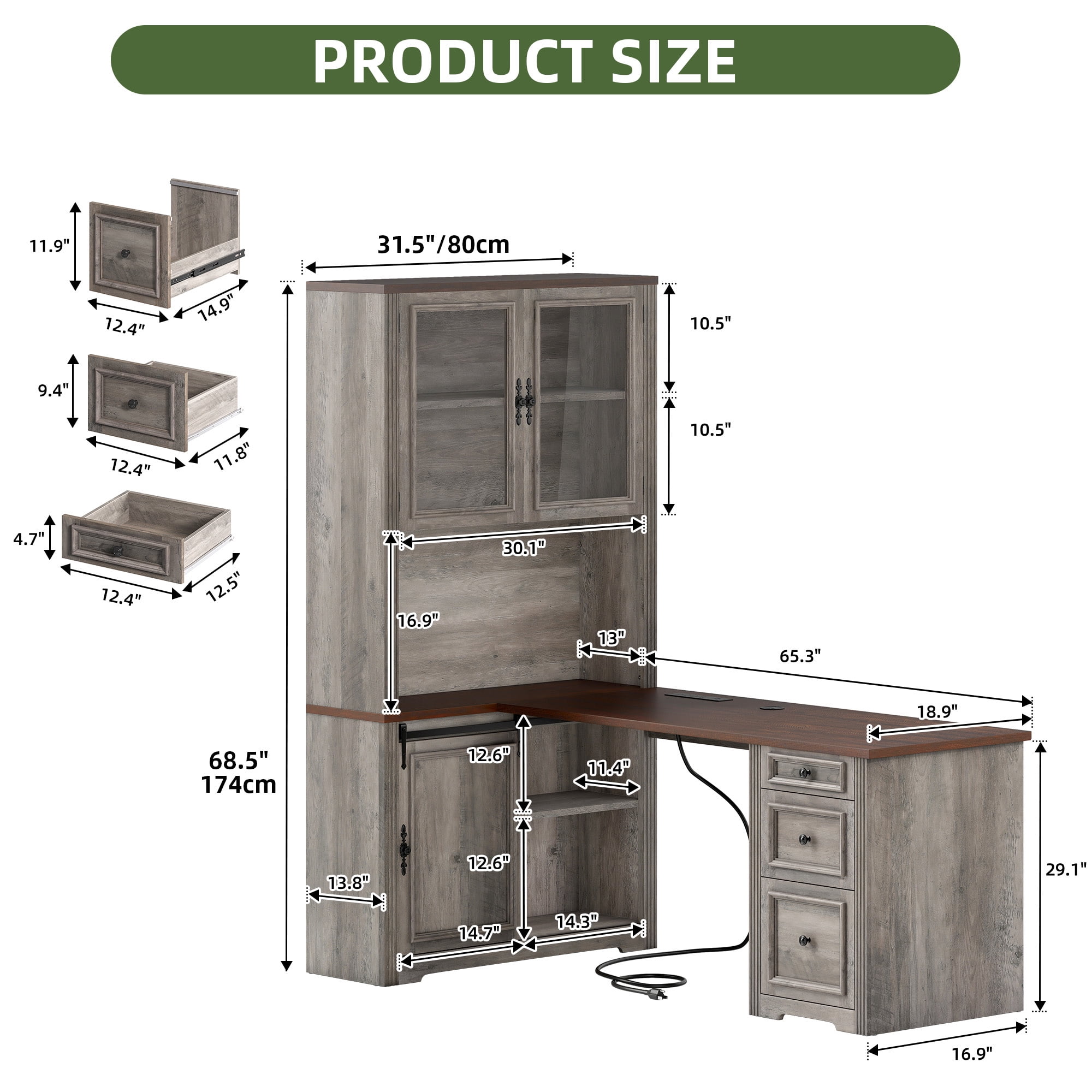 Uforic Executive Desk with Hutch, L Shape Computer Desk, Wood Office Desk with Storage Cabinet, Gray