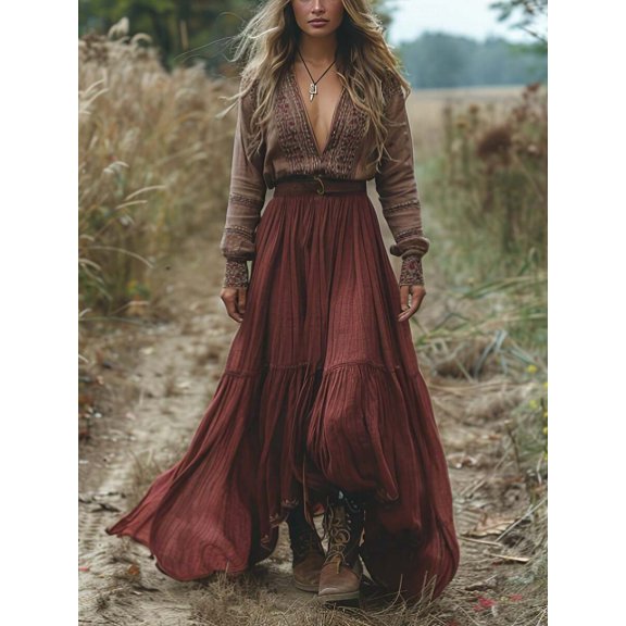 Burgundy Boho Long Sleeve Deep V-Neck A-Line Maxi Dress With Embroidered Bodice And Tiered Skirt