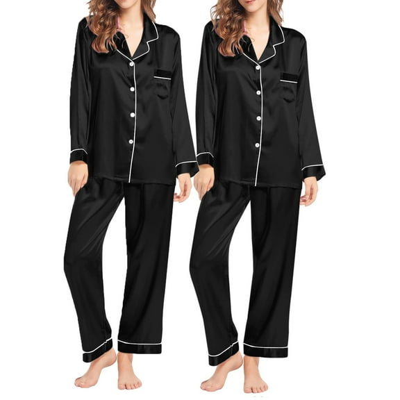 Pxiakgy Pajamas for Women Set Lady's Autumn Pajamas Long Sleeve Shirt Set Solid Color Casual Small Lapel Cardigan Wear Satin Pajama Set for Women Z-Black3 M