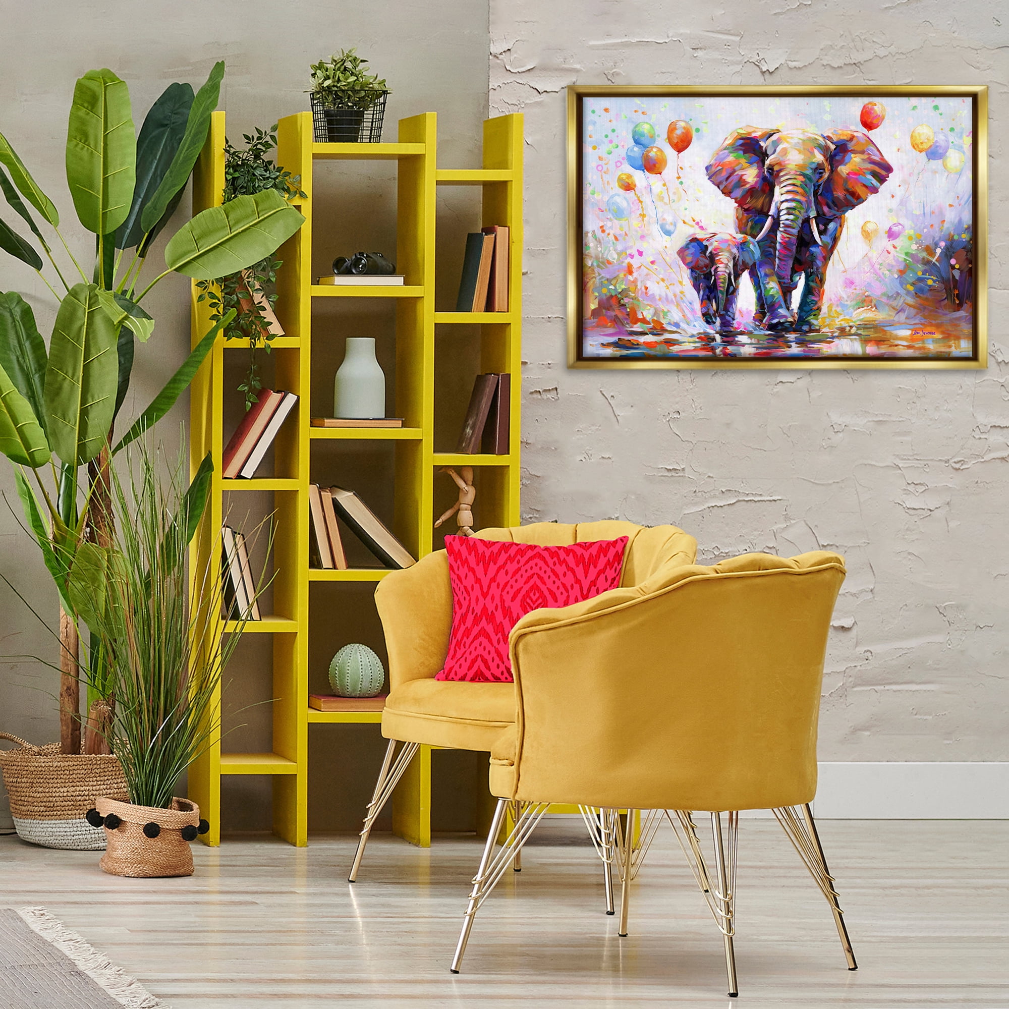 Stupell Industries Elephants & Balloons Animals & Insects Painting Gold Floater Framed Canvas Art Print Wall Art, 31 x 21