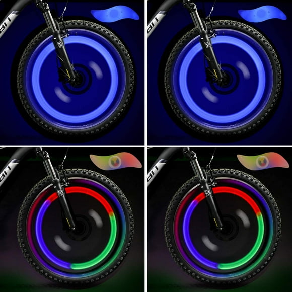Set of 2 LED Wheel Lights (Blue + Multicolor) for Adult and Kids Mountain Bike Spokes, Waterproof LED Neon Tire Light with 3 Flashing Modes
