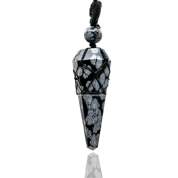 Snowflake Obsidian Crystal Stone Holder Necklace Pendulum, Unique Women Men Necklace (Black Macrame)