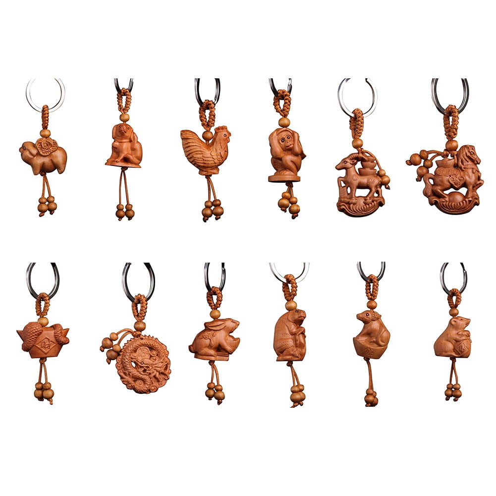 Chinese Zodiac Carving Wooden Pendant Keychain Key Ring Bag Hanging Decor Gi HB