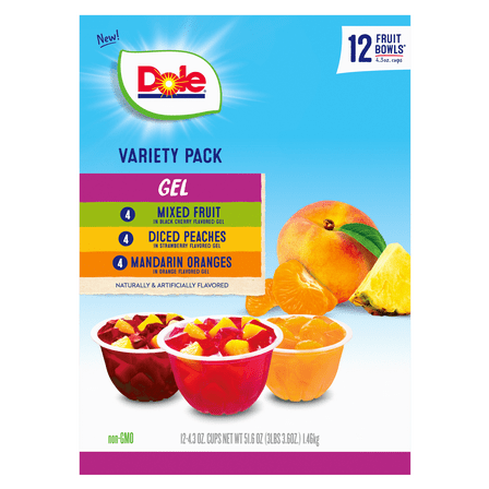 Dole Fruit Bowls in Gel: Peaches, Mandarin Oranges, & Mixed Fruit, 4.3 oz (12 Cups)-Pack Of 2