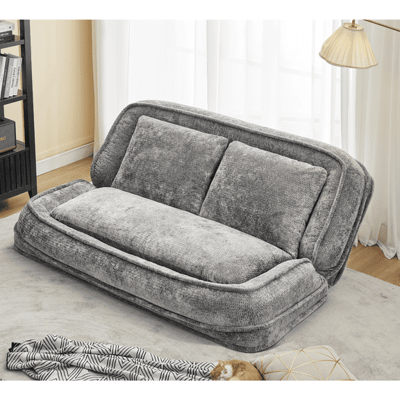 Double Human Dog Bed, Lazy Sofa Loveseat, Extra Large Floor Couch with 5 Adjustable Positions, 2-in-1 Convertible Lounge Chair for Gaming Reading Napping, Chenille,Light Gray