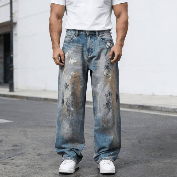 Men's 100% Cotton Non-Stretch Baggy Jeans - Paint Splatter & Distressed Wide-Leg Denim Pants for Streetwear Style, Heavyweight Casual Trousers