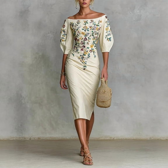 Morttic Women‘s Elegant Off-Shoulder Floral Print Bubble Short Sleeve Midi Dress with Side Slit For Spring/Summer Outfit Beige ,XS