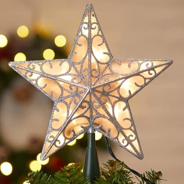 wonima02 Christmas Star Tree Topper, Plug in Sliver Glittered 3D Star Tree Topper, Metal Hollow Designed Built-in 10 Bulbs String Lights for Indoor Office Christmas New Year Holiday Tree Decoration