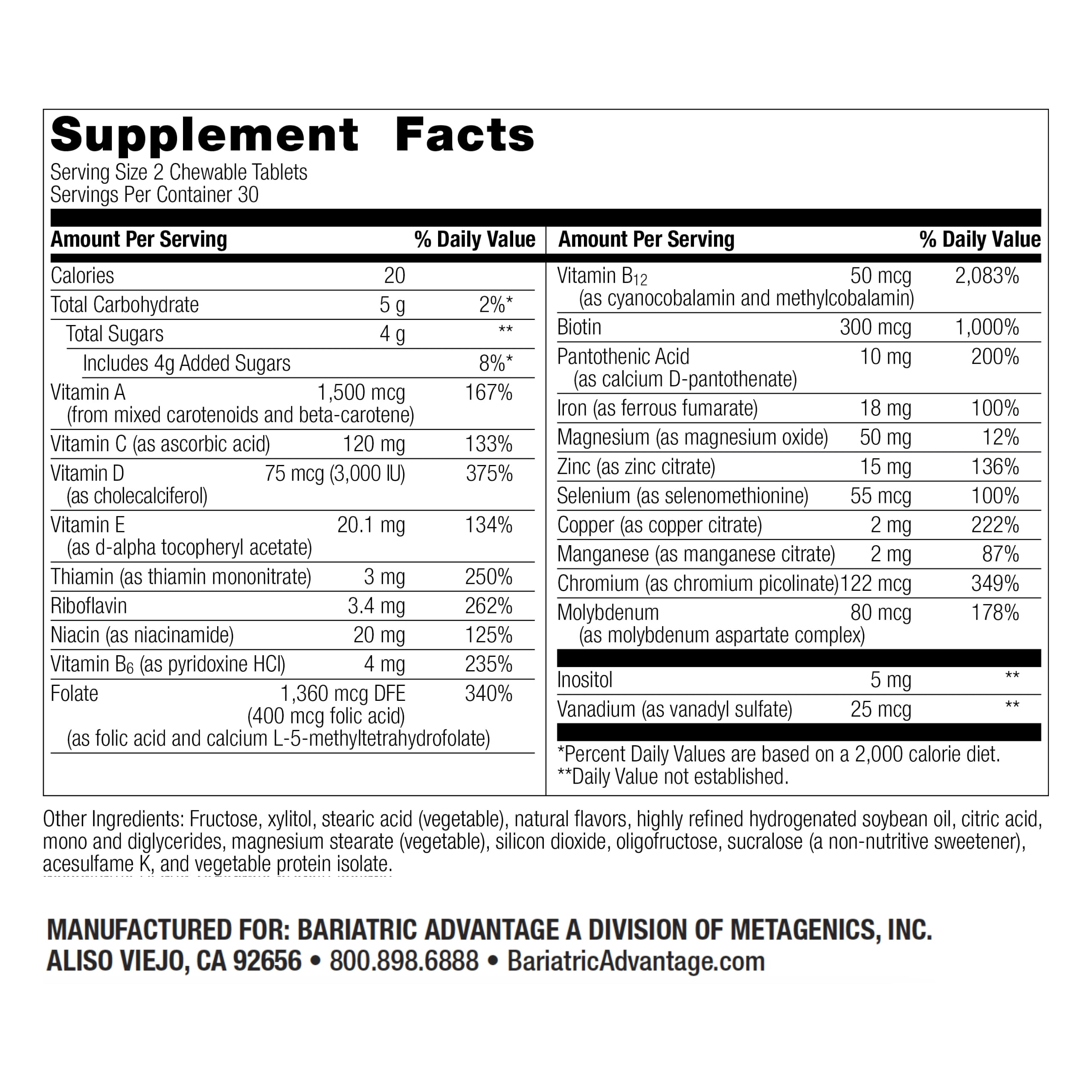 Bariatric Advantage Chewable RP Multivitamin - For Bariatric Surgery Patients - With Iron, Copper, Vitamin C, A, Zinc & More - 100% DV of 18 Nutrients - 60 Count - Mixed Fruit