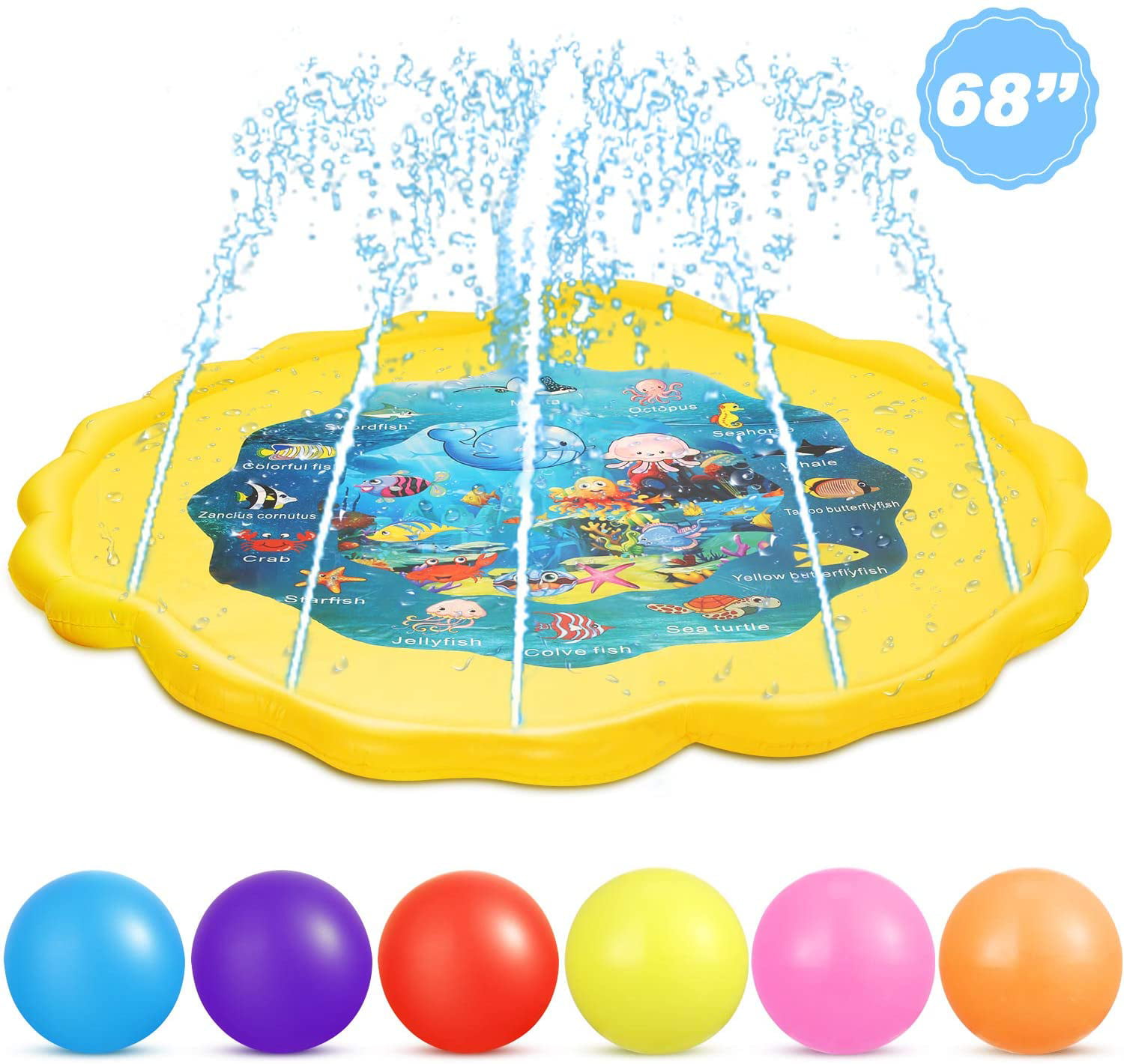 DecorX 69 Inch Splash Pad, Wading Pool for Learning Fun Sprinkle and Splash Play Mat Outside Backyard Water Mat Toys Sprinkle Pool and 6 Ocean Balls for Summer Outdoor Party
