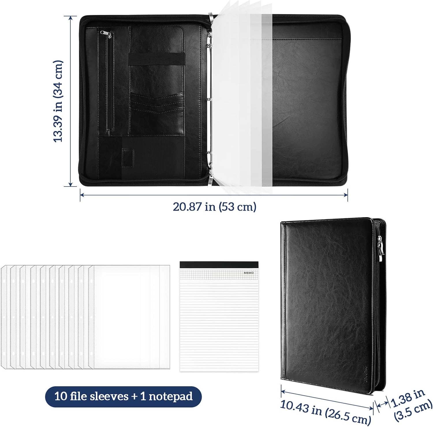 ProCase Portfolio 3-Ring Padfolio Folder Organizer, PU Leather Business Planner A4 Notepad Zipper File Binder Clipboard Removable Document Sleeve for Resume Interview Meeting -Black