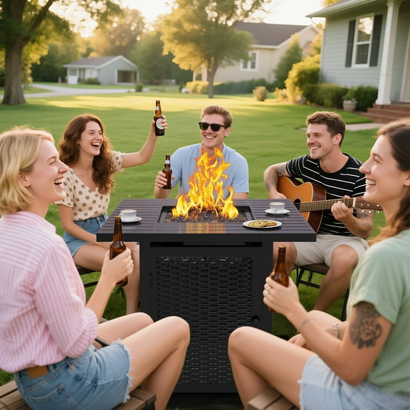 May in Color 30'' Propane Fire Pit Table, 50000 BTU Gas Fire Pits Table with Removable Lid, Rattan-Style Square Fire Table with Cover, Ideal for Dining or Party on Patio, Garden, Yard, Black