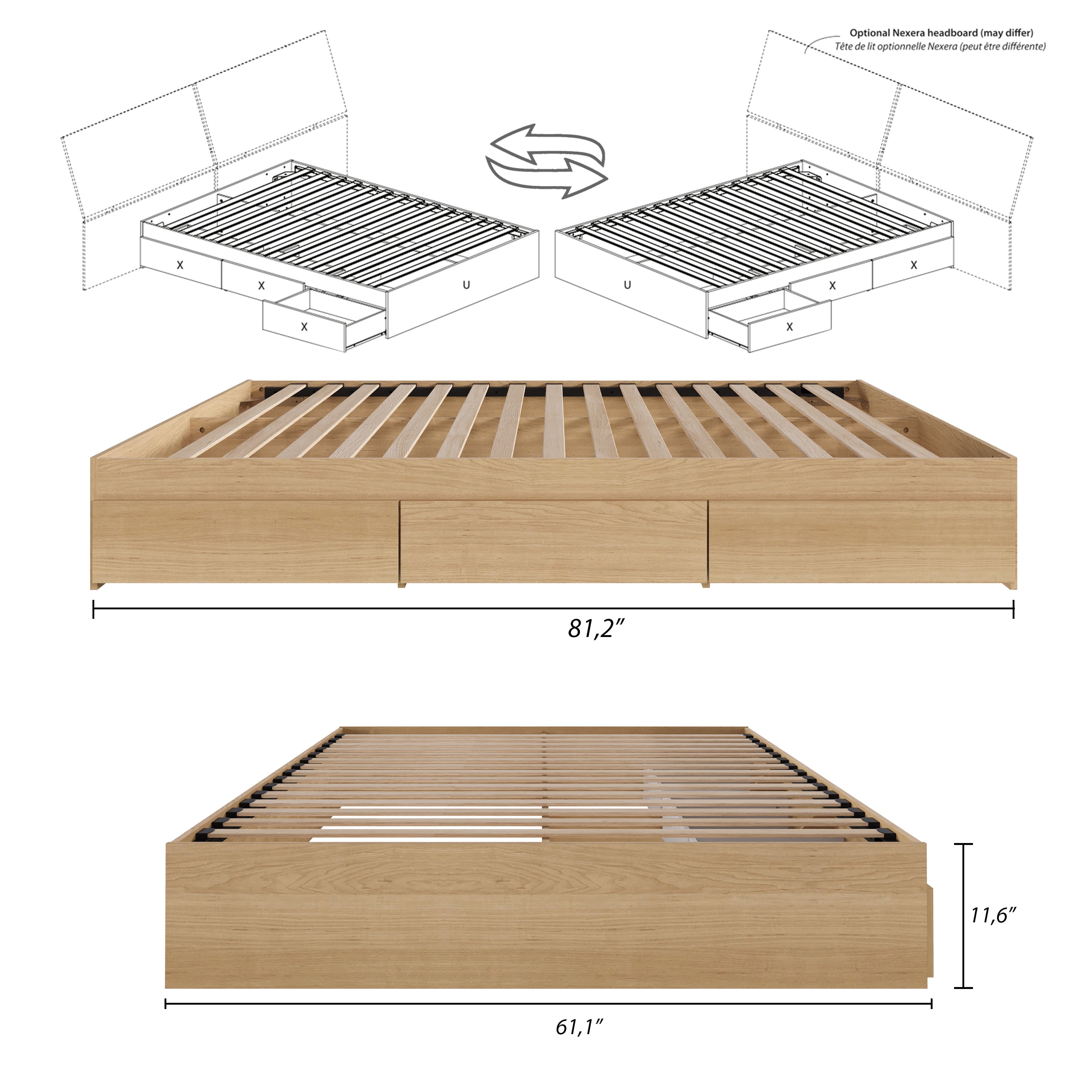 Nexera Queen Size Storage Wood Bed Frame with 3 Drawers, Natural Maple