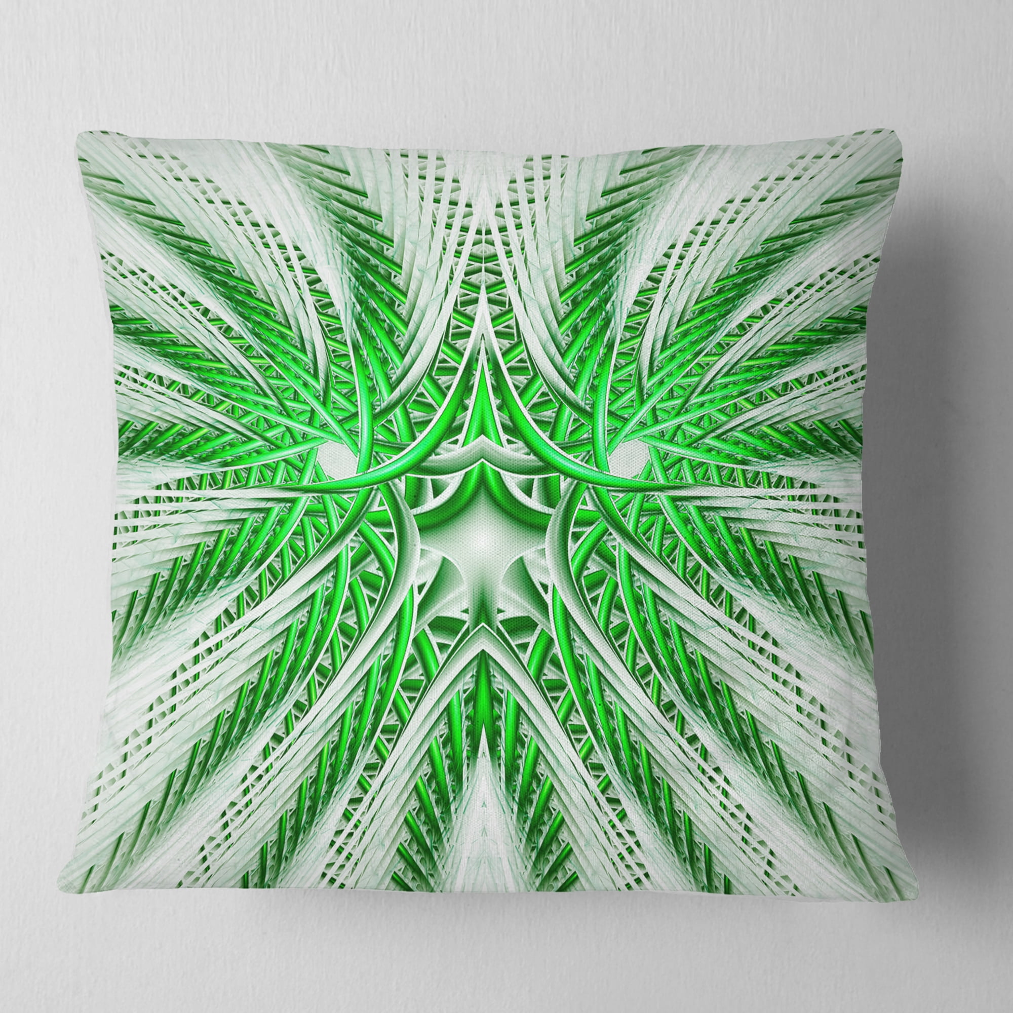 Designart Glowing Green Fractal Flower in White - Abstract Throw Pillow - 16x16