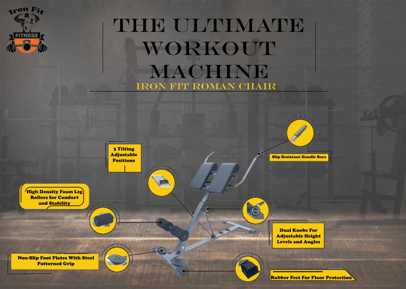 IRON FIT Roman Chair Hyper Bench Back Extension - Full Body Exercise Hyperextension Adjustable Home Gym - AB Sit Up Bench Core Trainer, Abdominal Strength Training Equipment Lower Body Leg Workout