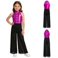 thumbnail image 6 of inlzdz Kids Girls Hip Hop Dance Outfits Retro 70s 80s Rock Disco Jumpsuit Flowy Mesh Overlay Pants Romper Hot Pink 10, 6 of 7