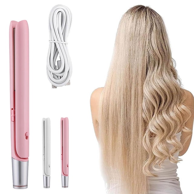 2-in-1 Mini Dual-Purpose Curling Iron for Straight & Curly Hair, USB/Type-C Portable Travel Curler with Ceramic Technology, 3D Floating Panel, Compact 17cm Lightweight 53g for Wet/Dry Hair Styling
