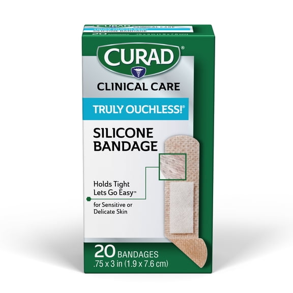 CURAD Truly Ouchless!® Silicone Bandages, .75" x 3", For Sensitive or Delicate Skin, Flexible Fabric, Protects Scrapes, Cuts & Burns, 20 ct per box (24 Total boxes)