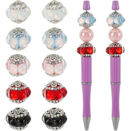 10Pcs 21mm Rhinestone Focal Beads for Pens Clay Beads with Resin 5 Colors Diamond Pen Focals Beads Large Crystal Rhinestone Beads for Beaded Pens Jewelry Keychain Making