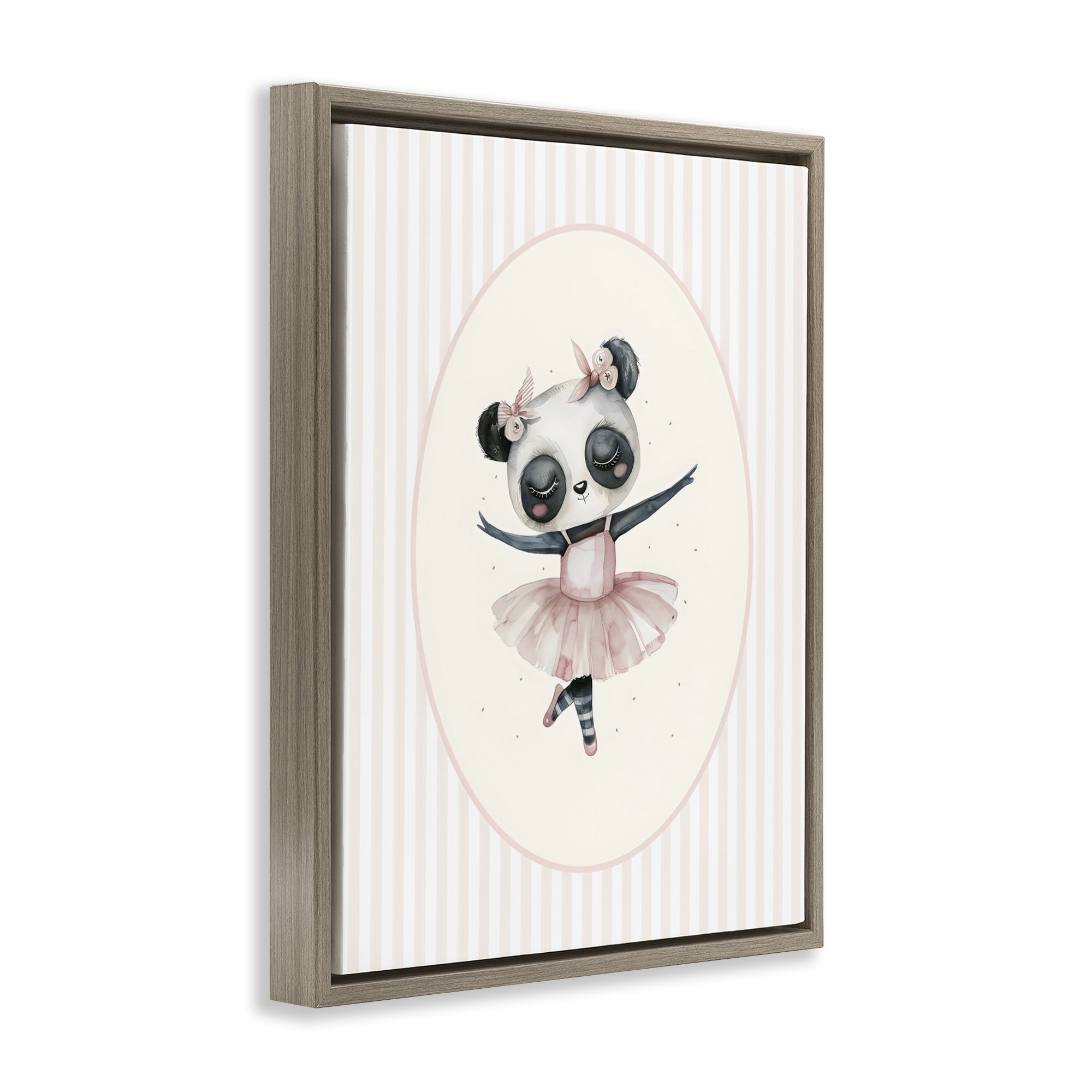 Stupell Industries Nursery Ballerina Panda Striped Brown Framed Floater Canvas Wall Art, design by LSR Design Studio