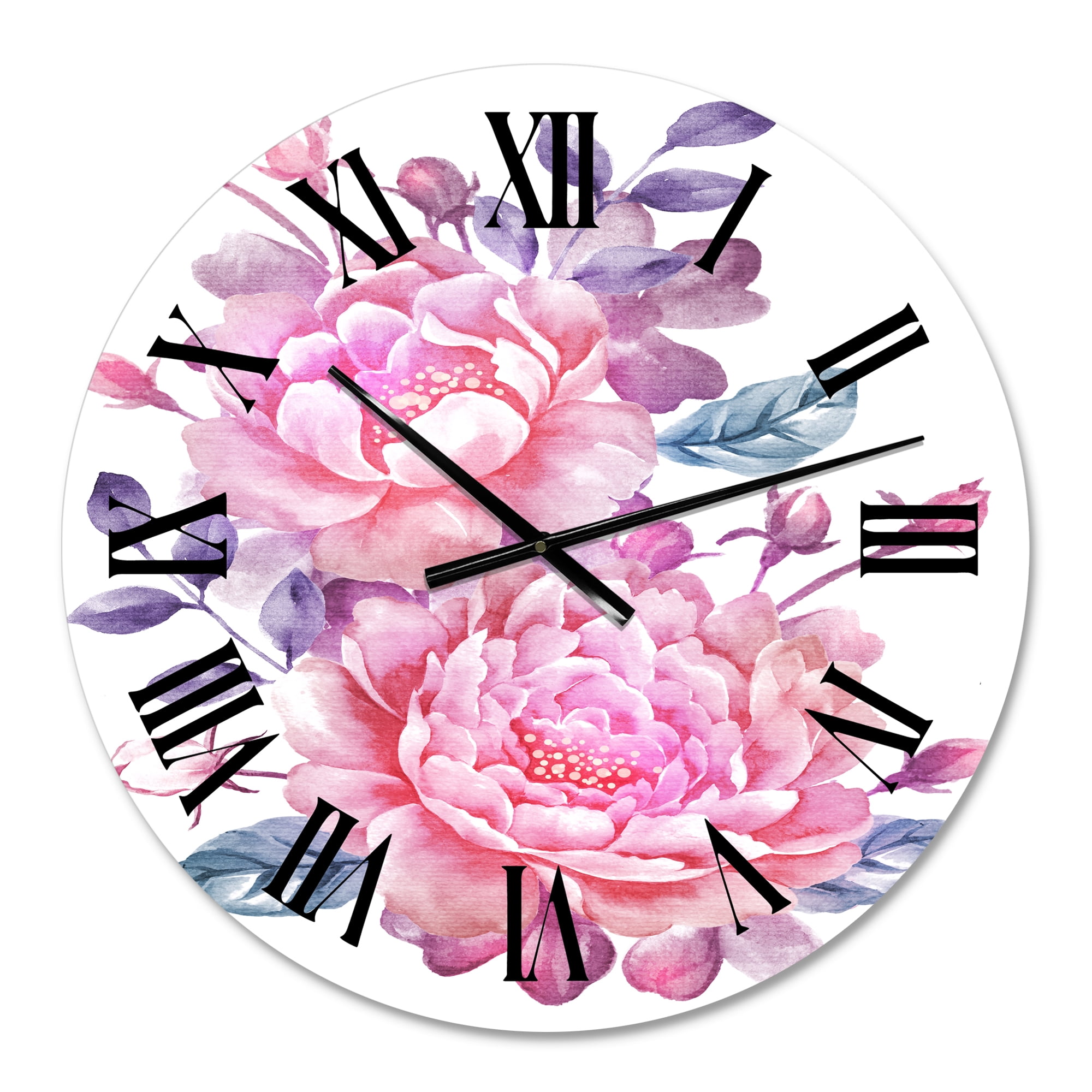 Designart 'Pink Retro Flowers With Blue Leaves' Traditional Wall Clock