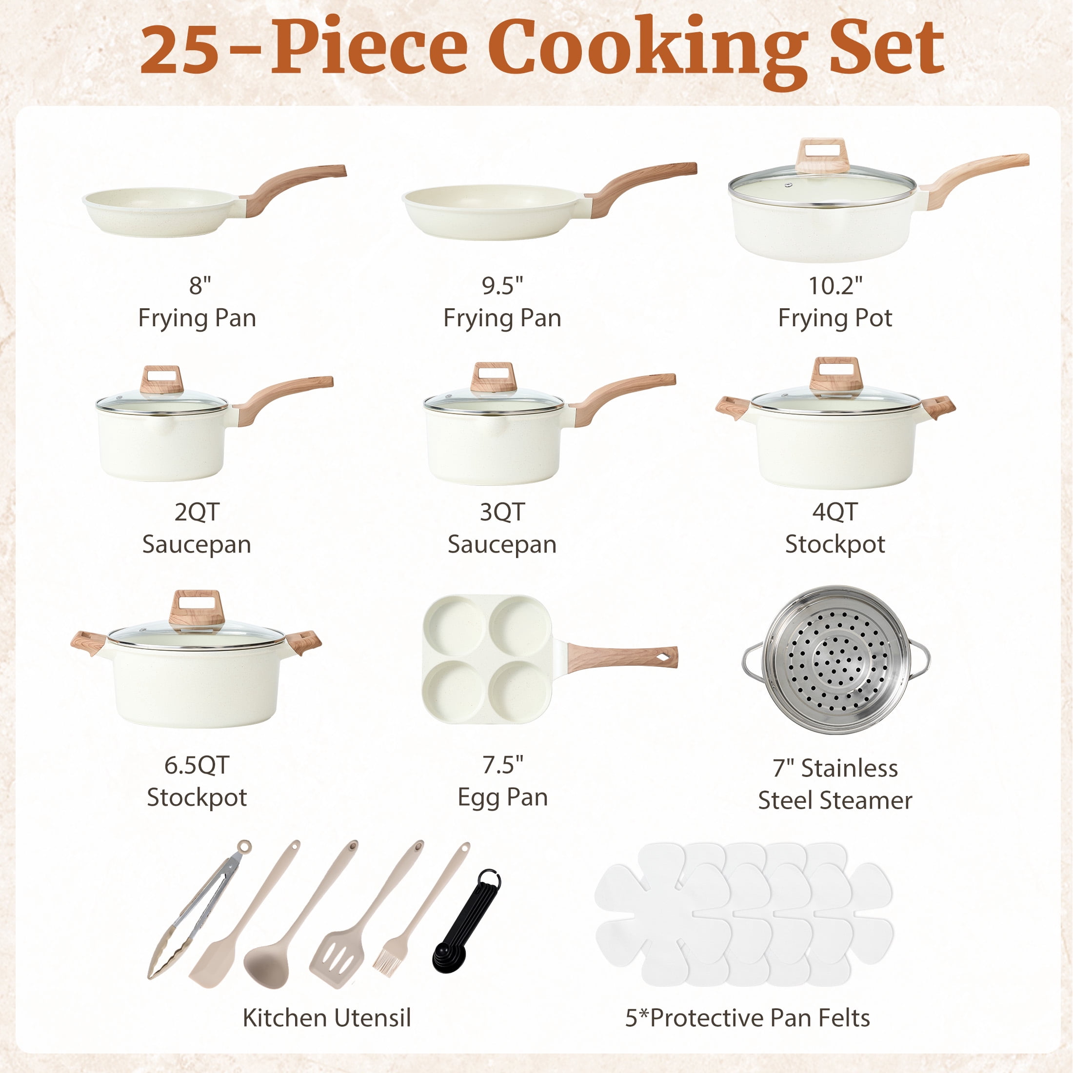 EDX 25-Piece Non-Stick Ceramic Granite Cookware Set with Stay-Cool Handles, Induction Compatible Pots and Pans Set for Healthy Cooking,Beige