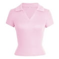 thumbnail image 5 of Delayuji Womens Short Sleeve Business Casual Tops Summer V Neck Work Shirts 2025 Basic Collared Shirt Pink S Nylon,Spandex Short Sleeve Shirts for Women, 5 of 9