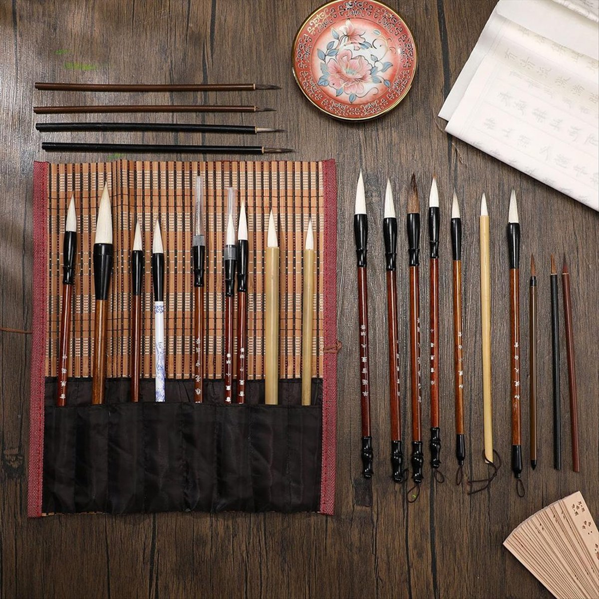 48pc Chinese Calligraphy Brush Set Watercolor Brush Bulk with Roll Bamboo Brush Holder for Writing Suitable for Painting