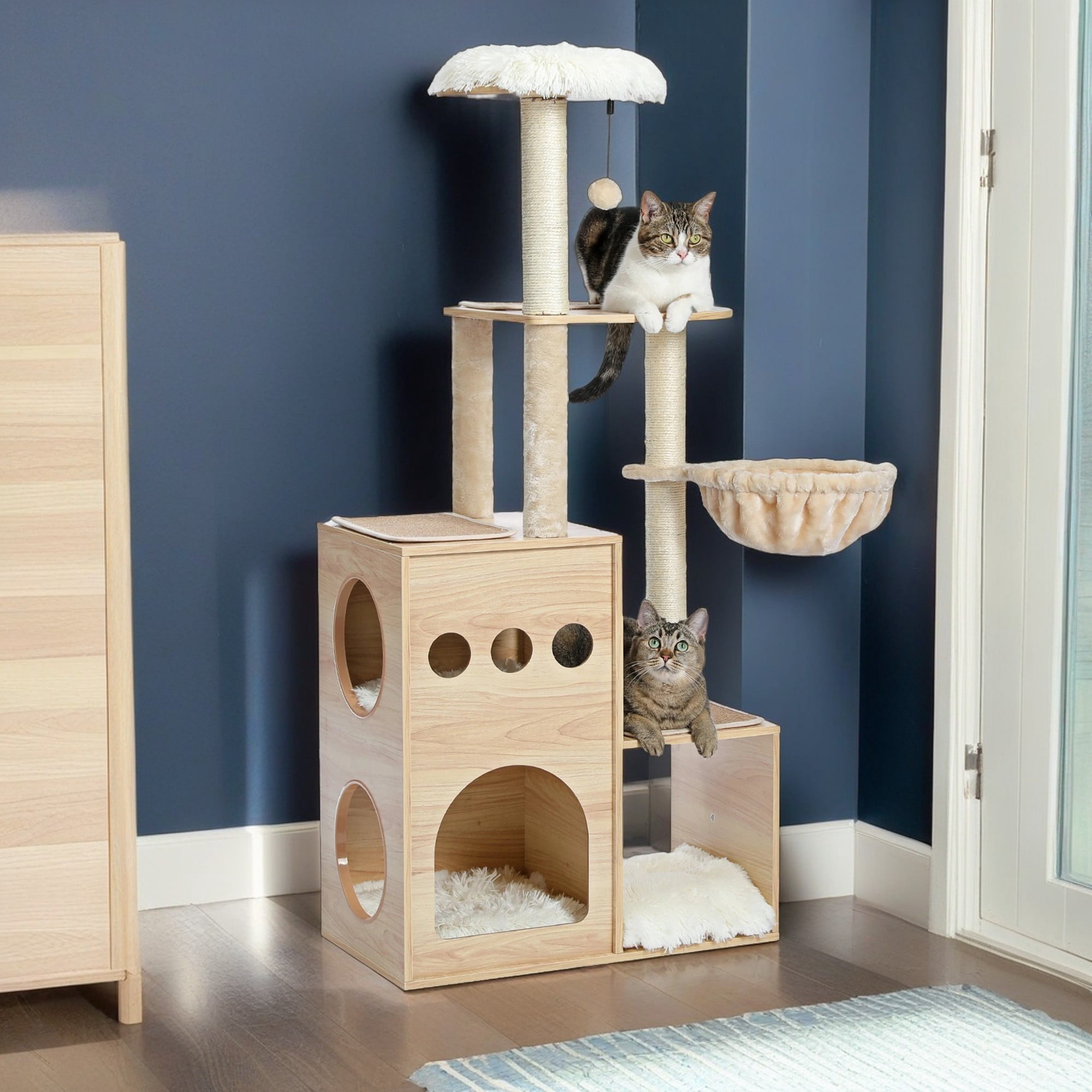 resenkos 51" Cat Tower for Large Cats Modern Wooden Cat Tree Multi-Level Cat Tree Tower Cat Sky Castle with Cozy Cat Condos, Beige