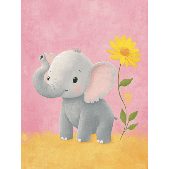 Cute Elephant with Flower Canvas Print/Wall Art, Perfect for Nursery, Bedroom, Living Room, Bathroom, and Office Decoration