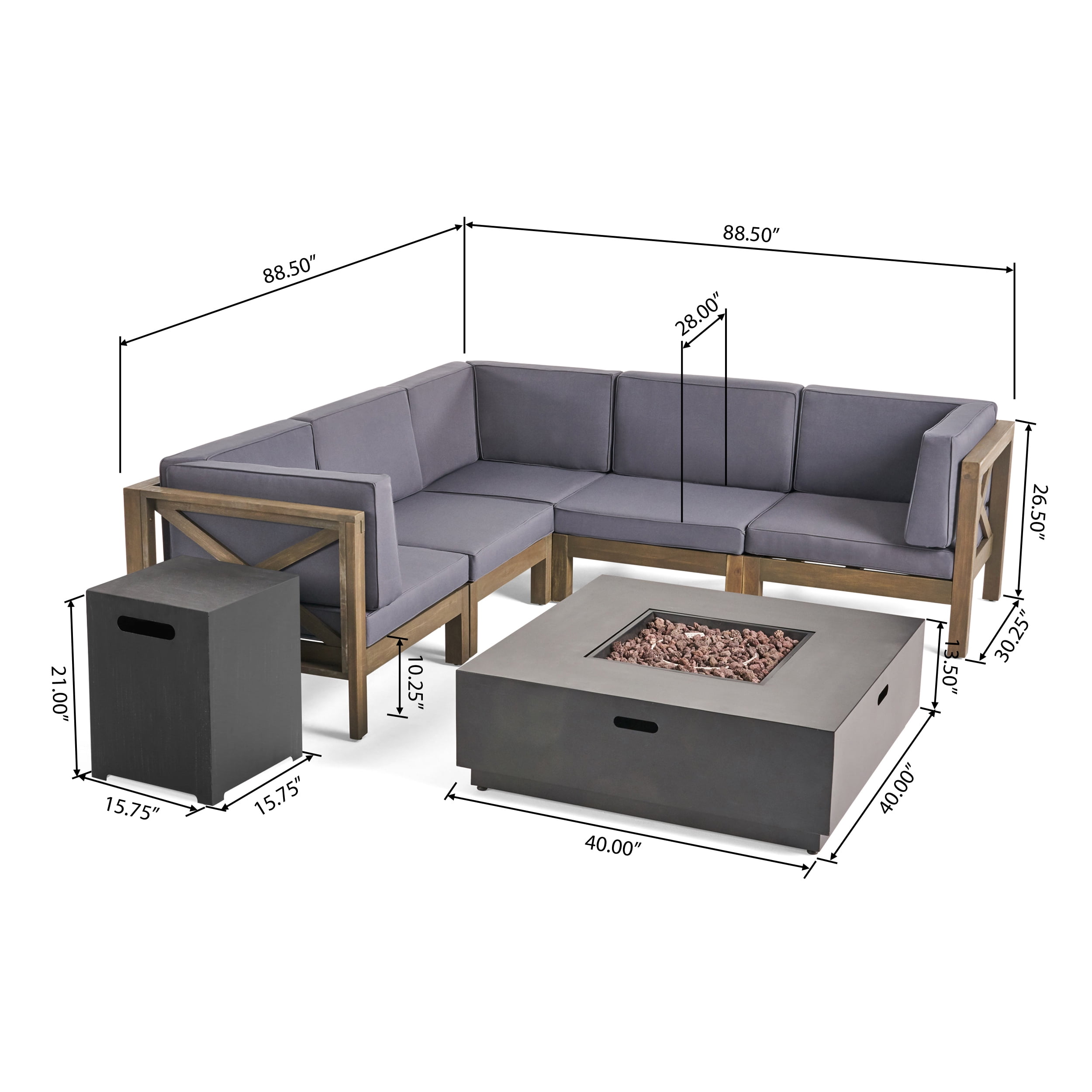Markus Outdoor 7 Piece Acacia Wood Sectional Sofa Set with Cushions and Fire Pit, Gray, Dark Gray, Dark Gray