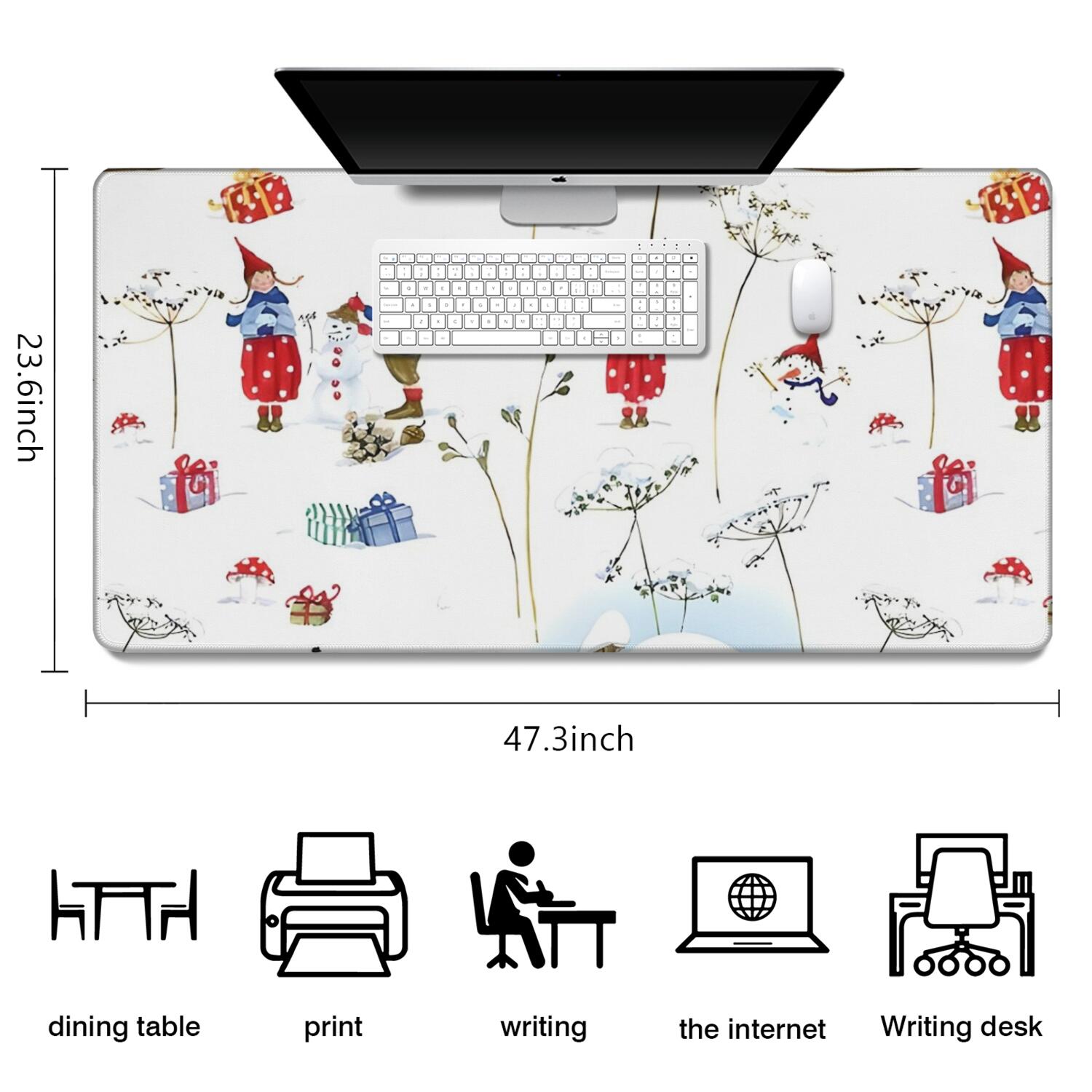 Long Mouse Pads for Desk,White Christmas Gnome Pattern Desk Mats on Top Of Desks, Desk Mouse Pad Extra Large with 3mm Non-Slip Base and Stitched Edge for Gaming,Office,Work,Home 47.3x23.6in
