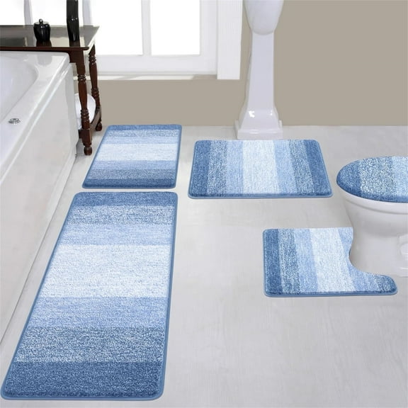 Ileading Traditional 5 Piece Large Size Microfiber Washable Bathroom Rug Set, Light Blue