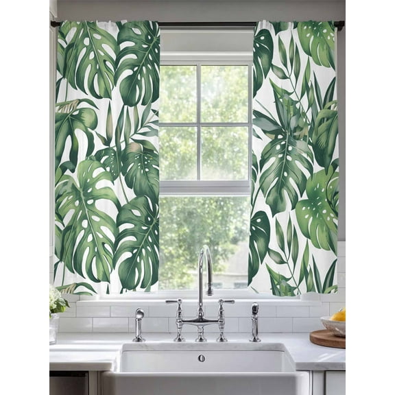 Green Palm Leaves Sheer Curtains for Living Room Bedroom Summer Tropical Leaf Sheer Curtains 63 Inch Long 2 Panels Set Light Filtering Curtain Window Treatments Drapes for Dining Room