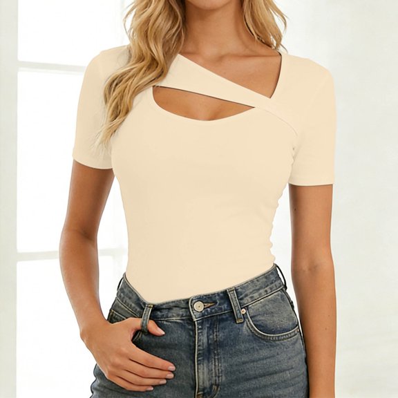 T Shirts Women Summer Asymmetrical Hem Fitted Short Sleeve T Shirt Women Tops Beige L